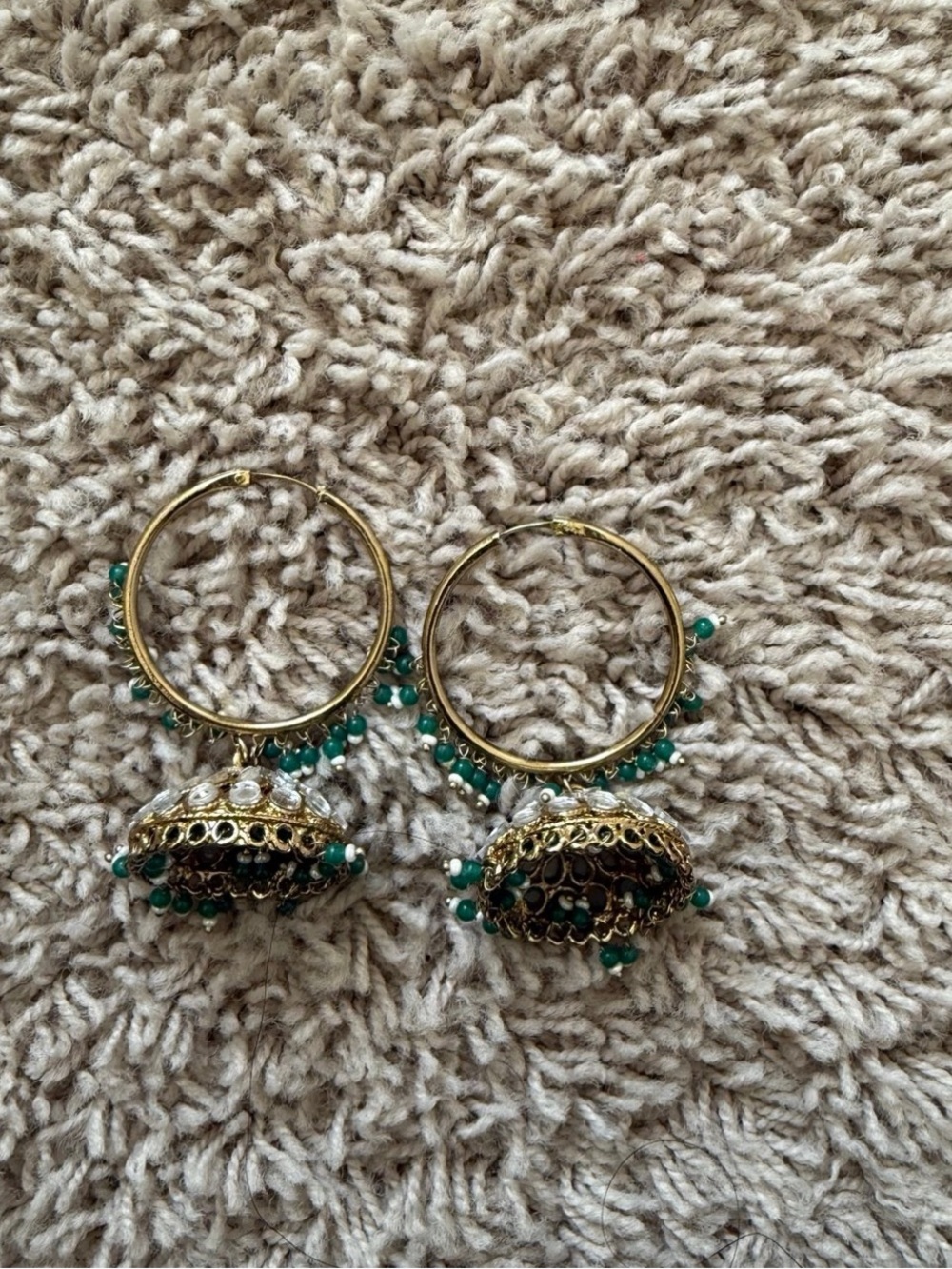 Gold-Tone Jhumka Hoop Earrings with Green Beads - Women Jewelry